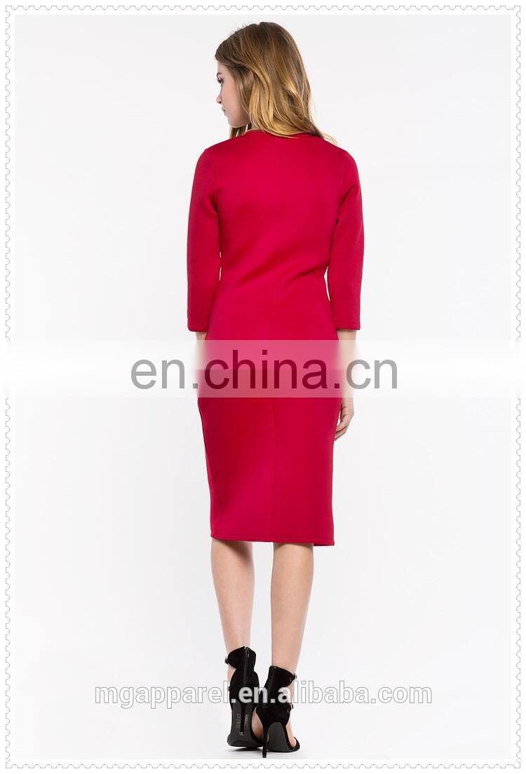 china fashion cheap sexy 3/4 sleeves zip front midi bodycon dress for women