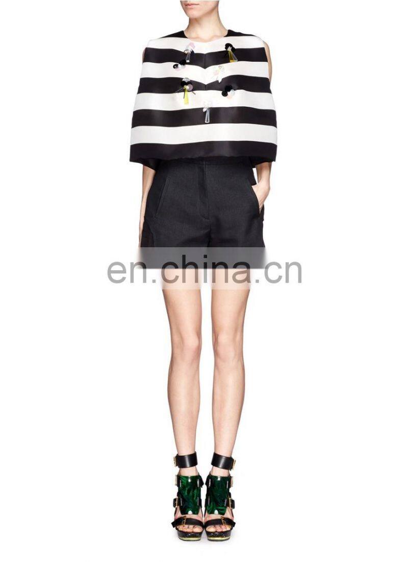 High Quality Voluminous Silhouette Open Back Ribbon Tie Sleeveless Stripe Girls Top (16110805)