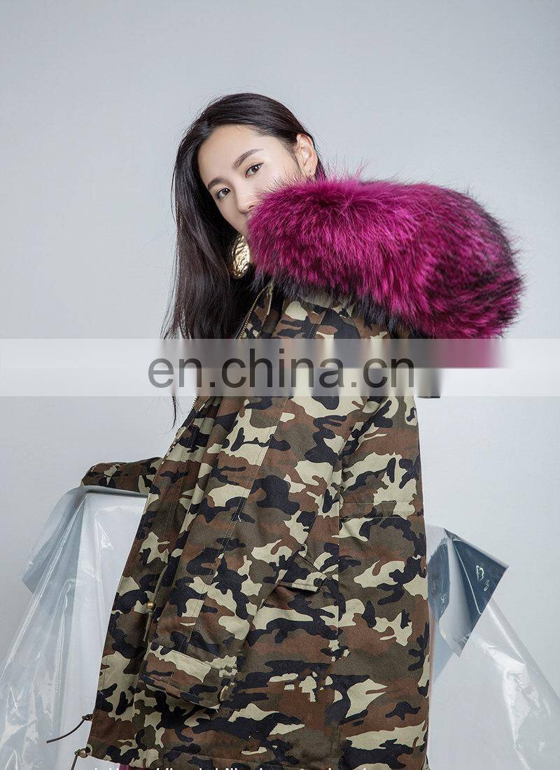 2016 Hot Sell Chinese Military Big Raccoon Fur Collar Parka Real Fox Fur Linling Camouflage Coat Women Winter Parka