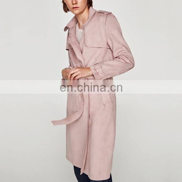 OEM factory faux suede trench coat for women flowing lapel collar design trench coats