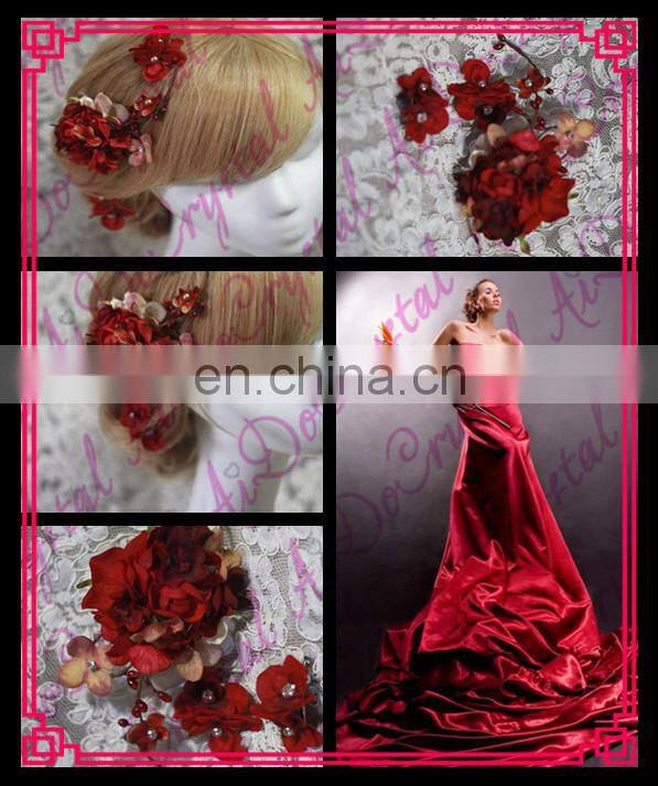 Aidocrystal red wedding hairpiece hair flower bridal hair clip handmade rhinestone headpiece hair accessories