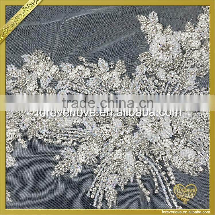 Lace Base Sew On Rhinestone Pearl Beaded Appliques Bridal Wedding Dress Appliques FHA-058