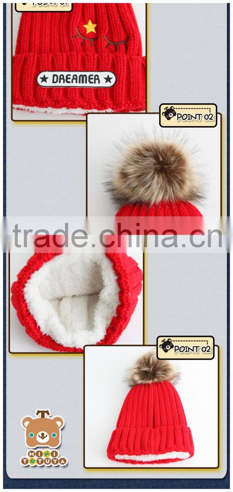 2015 Winter Latest DREAMER and Small Stars Embroidery Faux Fur Pom Pom Knitting Baby Kids Hat and Cap
