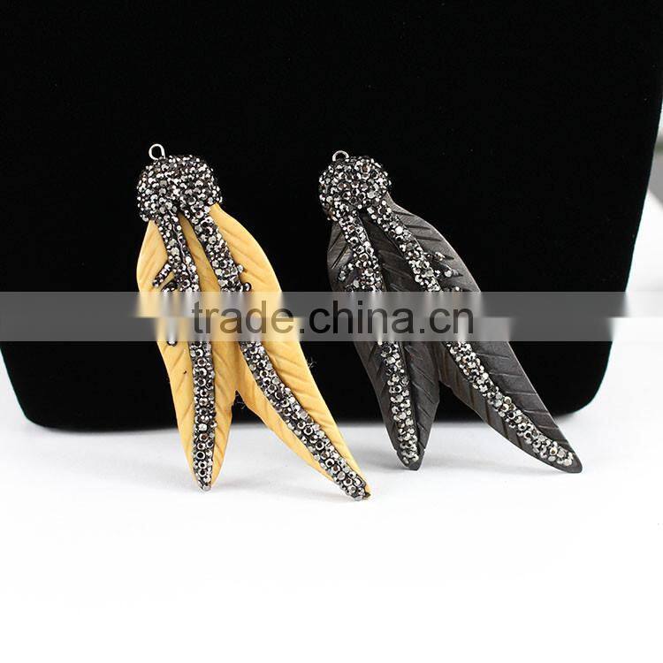 PC1603 Carved Ox Bone Leaf Feather Pendant with Crystal Zircon Pave, Long Textured Feather Necklace Pendant