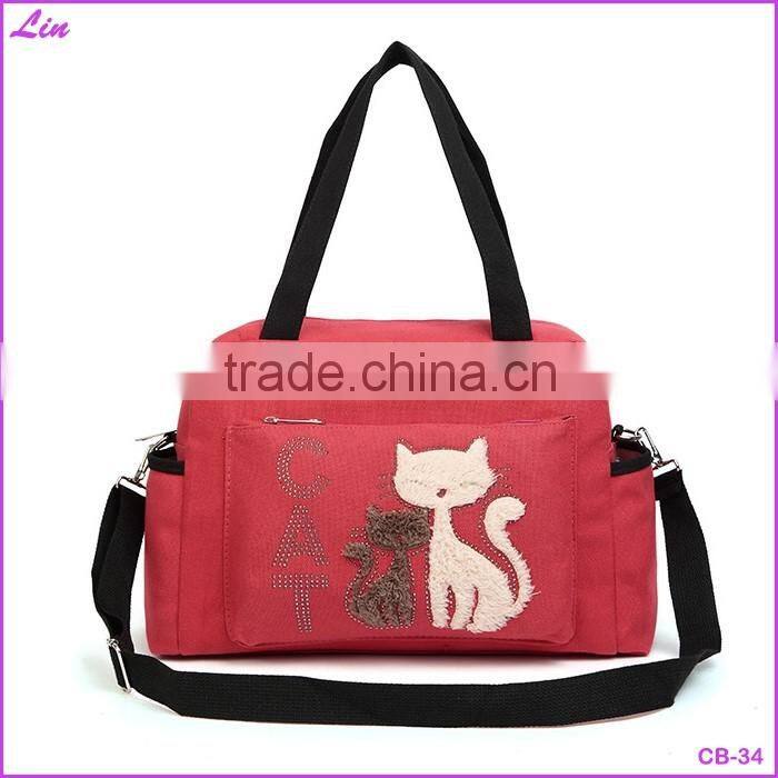2016 Women Handbags Solid Color Canvas Bag Fashion Ladies Shoulder Bag With Cute Cat Appliques Portable Big Capacity Casual Tote