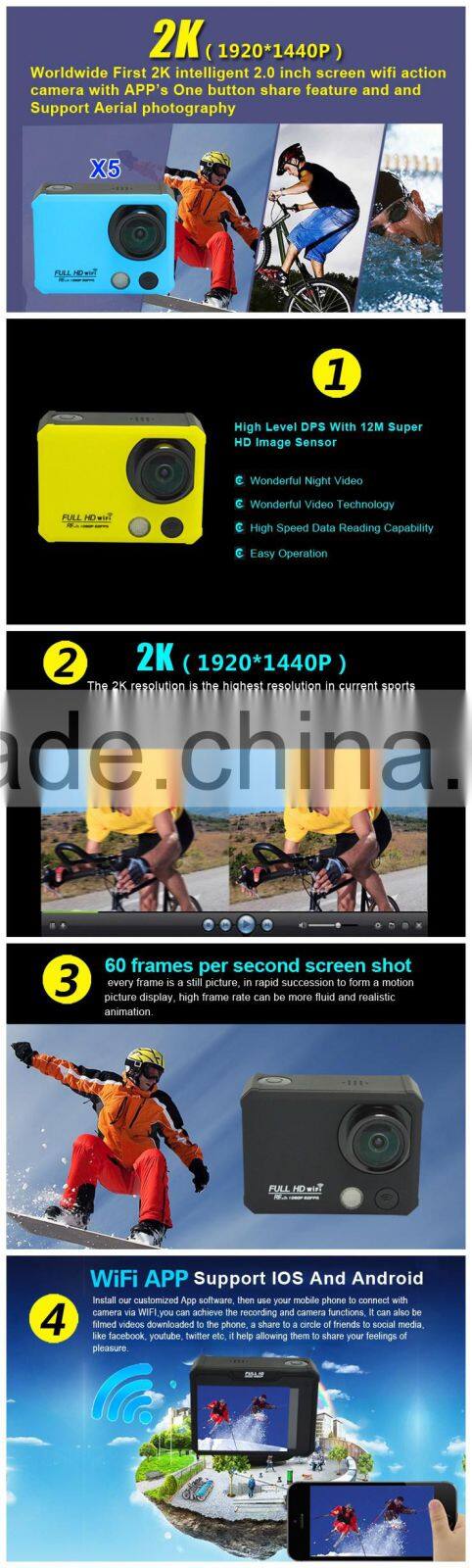 2016 WiFi Action Camera Helmet Sports Camera Waterproof With 2 Batteries and 1 Battery Charger Support Audio