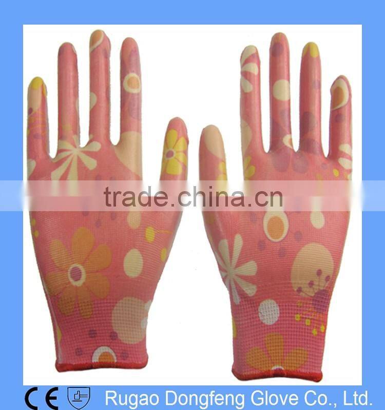 Polyester Printing Transparent Nitrile Coated Gardening Gloves