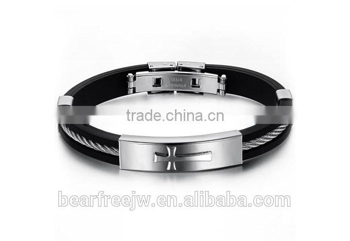 Stainless Steel Black Rubber Silicone Latin Cross Twisted Cable Religious Mens Bracelet