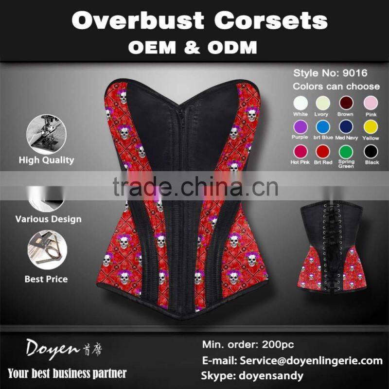 printing sexy zipper overbust corset bodysuit to wear out