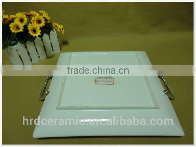 Stocked cheap printing ceramic divided plate with handles