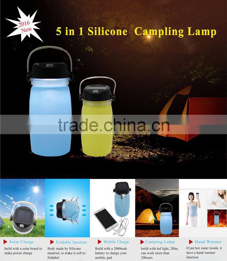 New design 5 in 1 multifunction outdoor foldable silicon solar zoom camping lamp