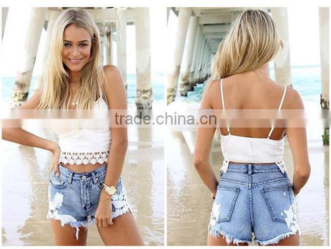 Bohemia style women high waist ripped jeans lace shorts
