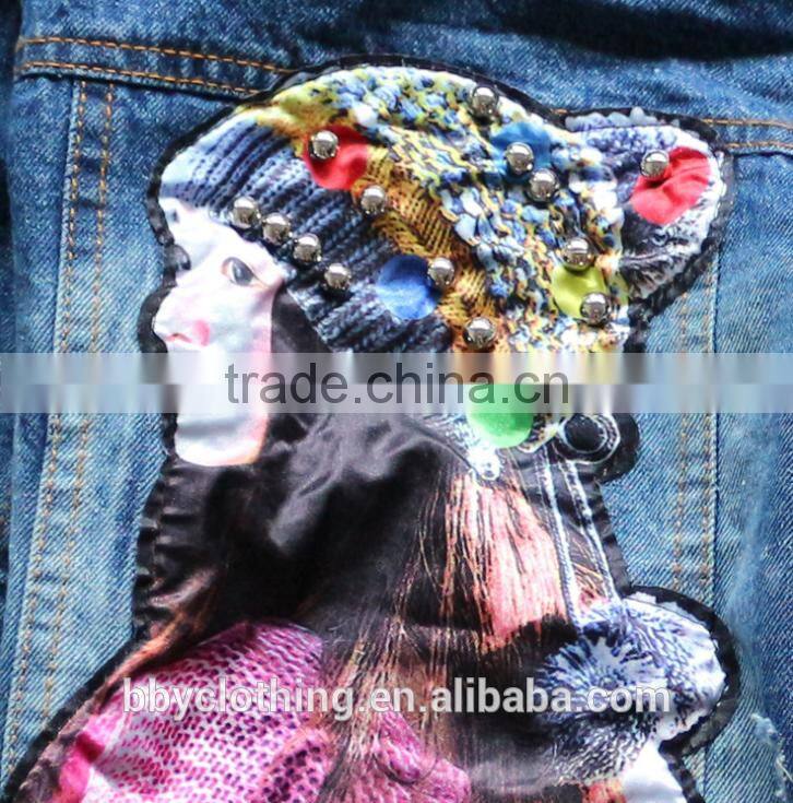 2016 new design fashion girls denim jacket with gold sequins sleeve