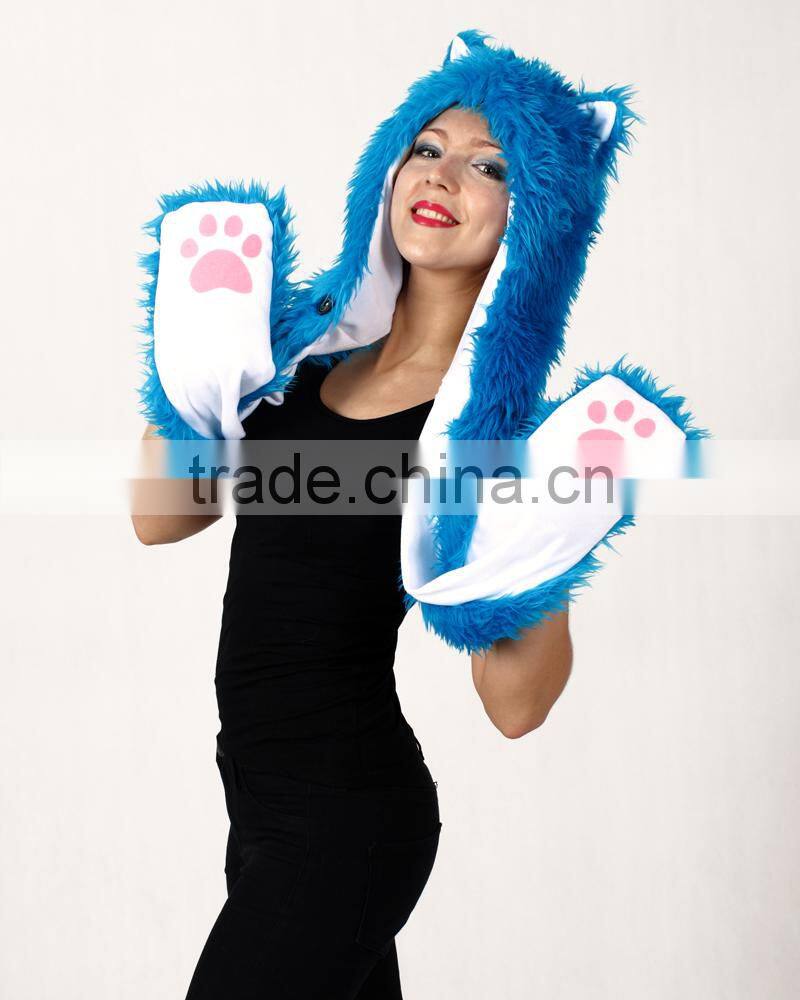 Wholesale Custom Long Scarf Mittens Faux Fur Wolf Head Animal Ears Hat