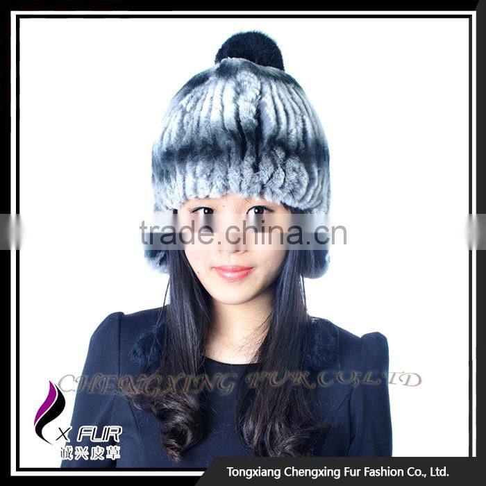 CX-C-116H Hand Knitted Beanie With Fur Ball Stock Rex Rabbit Fur Ladies Hats