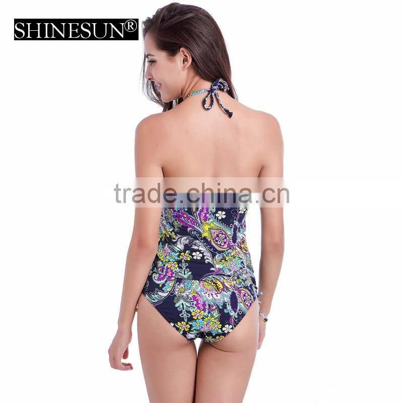2017 hanging neck triangle split high waist cover belly swimwear plus size conservative bikini