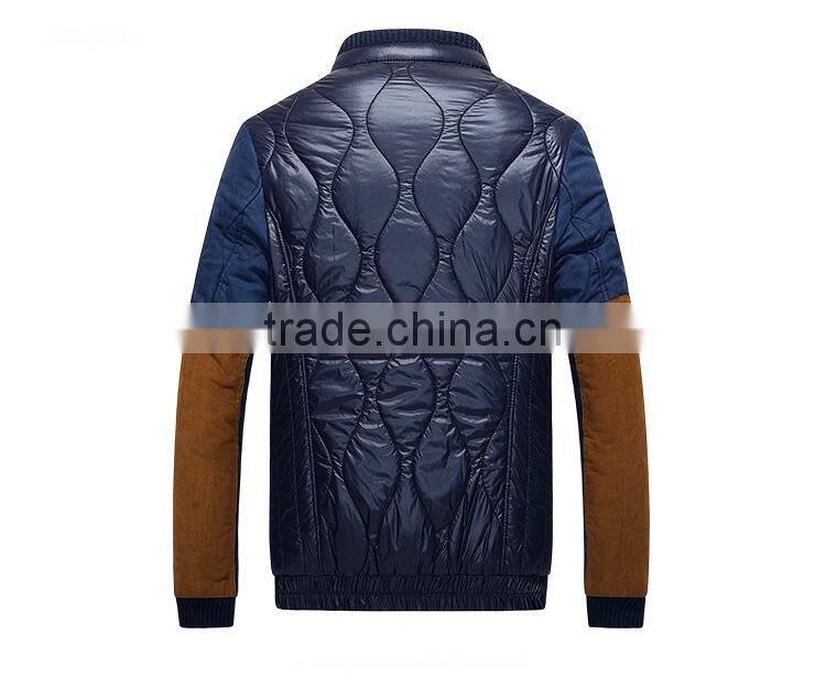 Mens Stand Collar Contrast Fabric Quilting Jacket With Elbow Patch