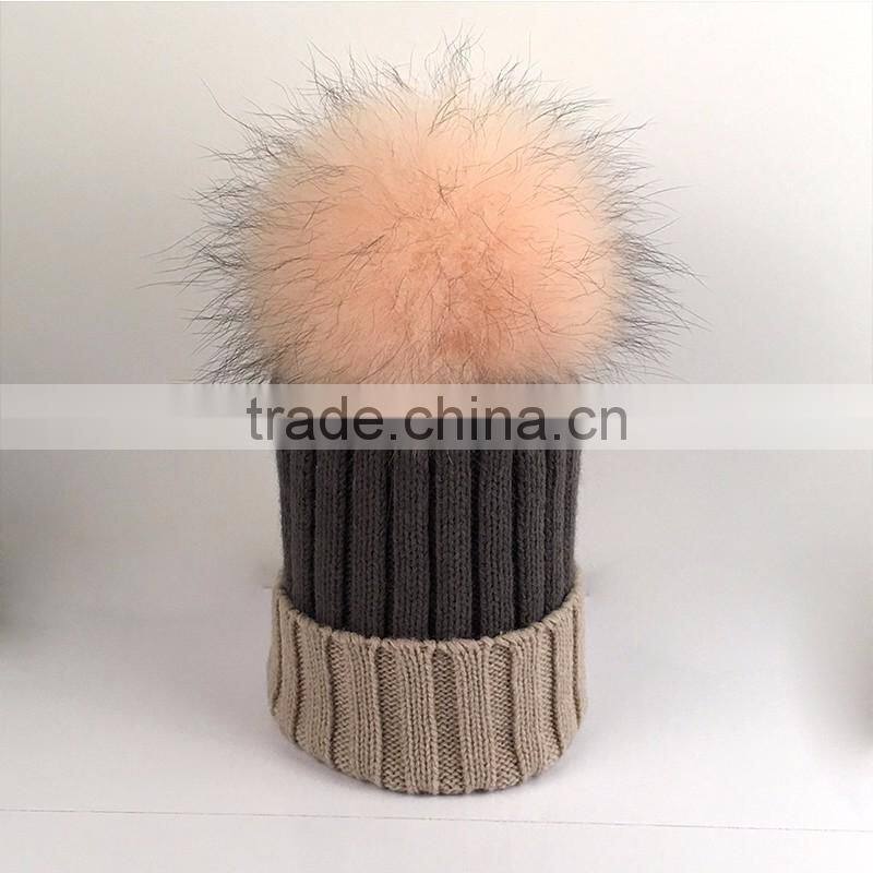 Myfur Beige/Grey Raccoon Fur Multi-Color Knitted Hat for Winter