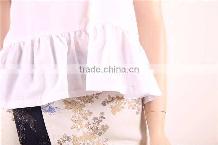short sleeve casual white women plain blouse designs with pleated hem