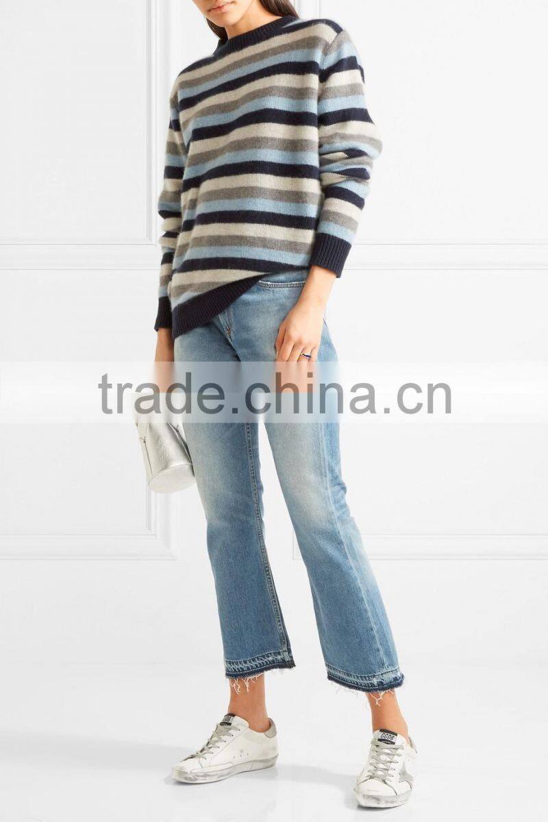 2017 New Design Mid-High Crew Necked Colorblocked Striped Girls Long Sweater