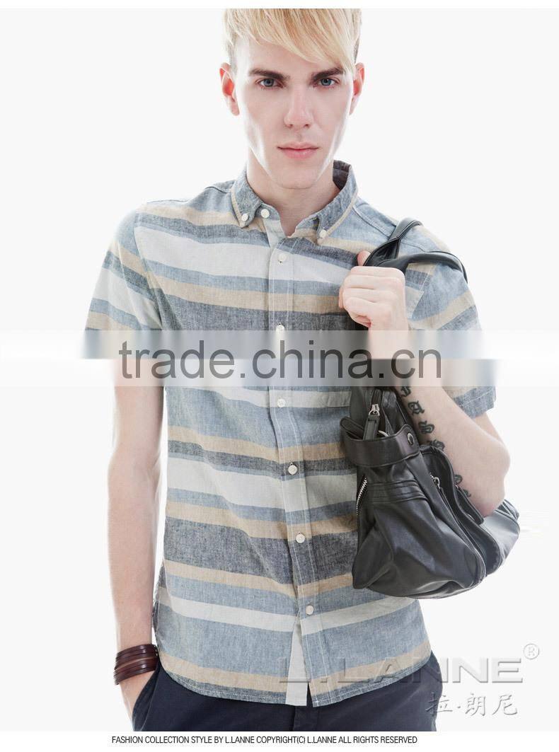 New fashion style woven linen & cotton short sleeve men shirt 2016