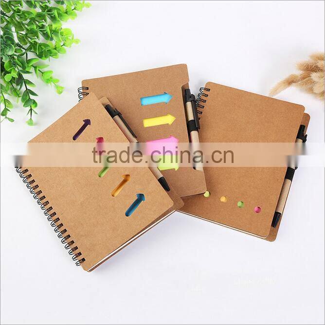 customised logo Kraft blank cover white lined inner paper spiral notebook with pen colorful sticky notes divider