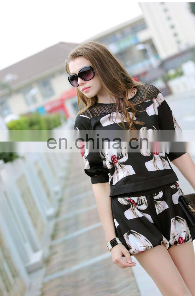 2015 summer full print women t shirt and short pants set hot sale wholesale