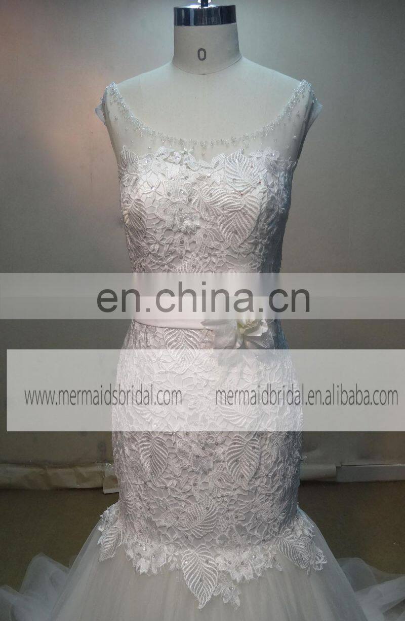 Generous Scoop Neck See Through Sexy Back Fish Style Lace Beads Wedding Dress With Handmade Flower