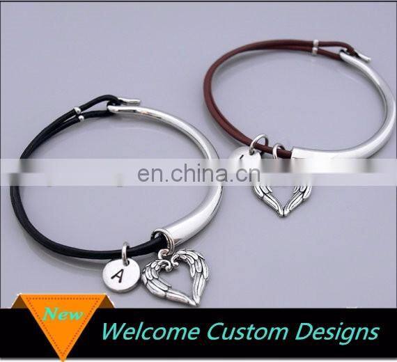 High Quantity Personalized Leather Men Initial Bracelet Angel Heart Wing Bracelet