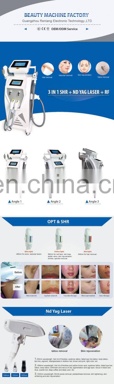 Hot Selling 3 Handles IPL RF/ Nd YAG Laser Tattoo OPT Hair Removal Machine