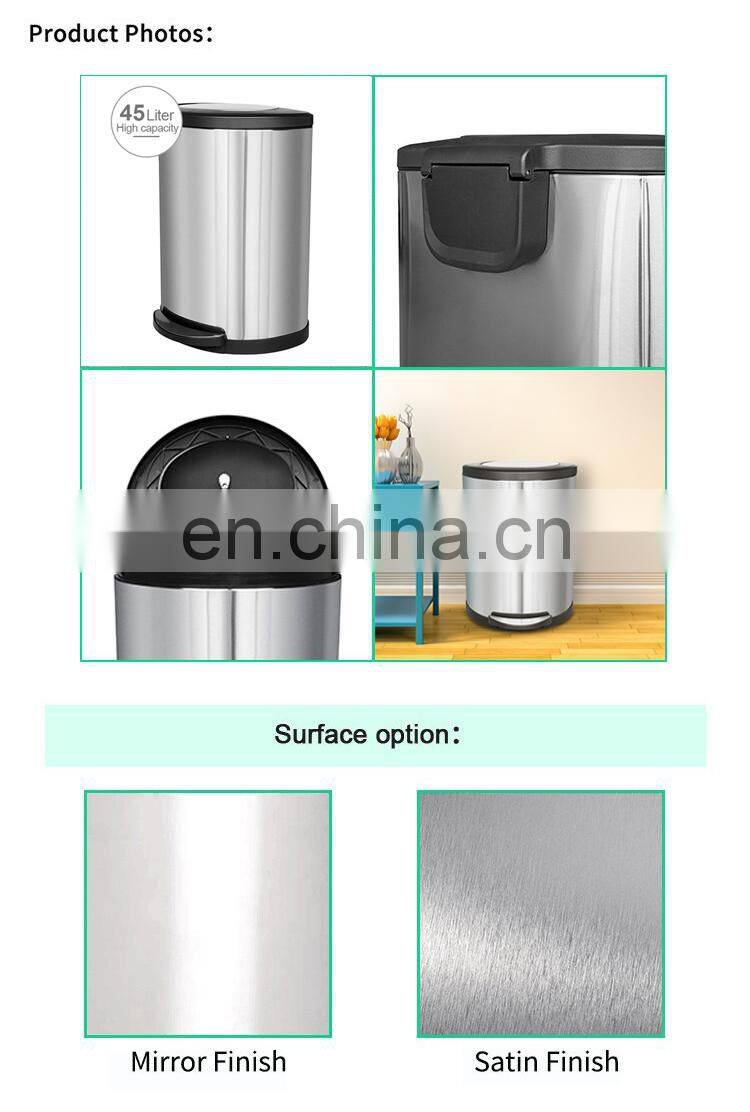 High capacity 45L stainless steel swing lid pedal waste bin satin finishing Finger print proof household garbage can