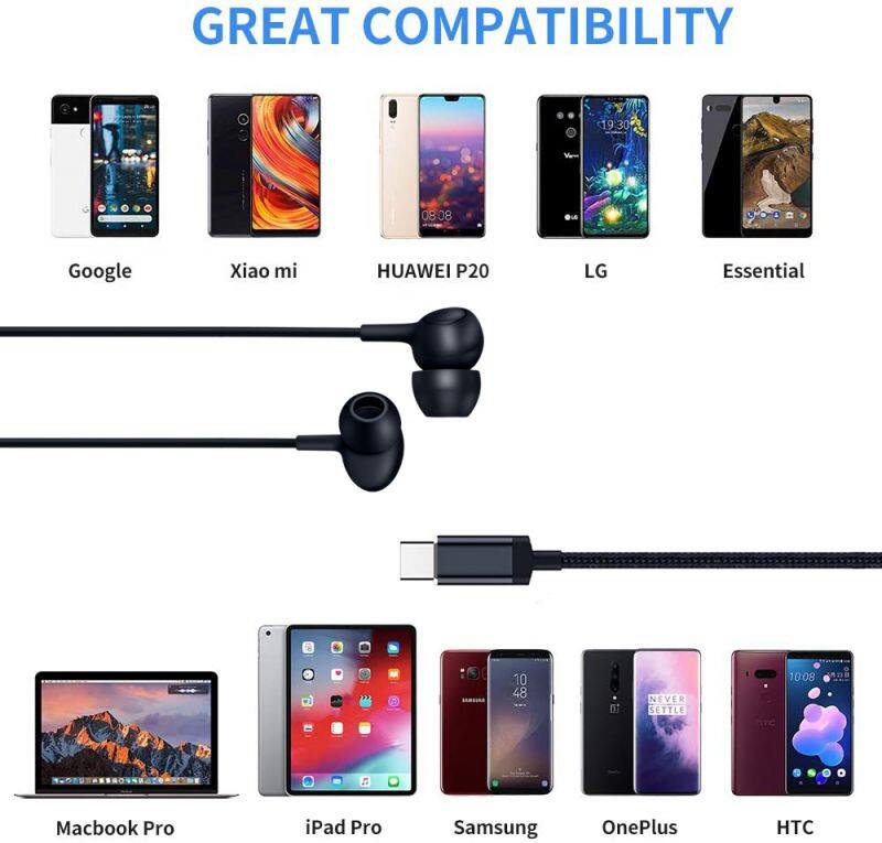 Black digital earphone type c earbuds type-c usb c headphones with mic for huawei mobile