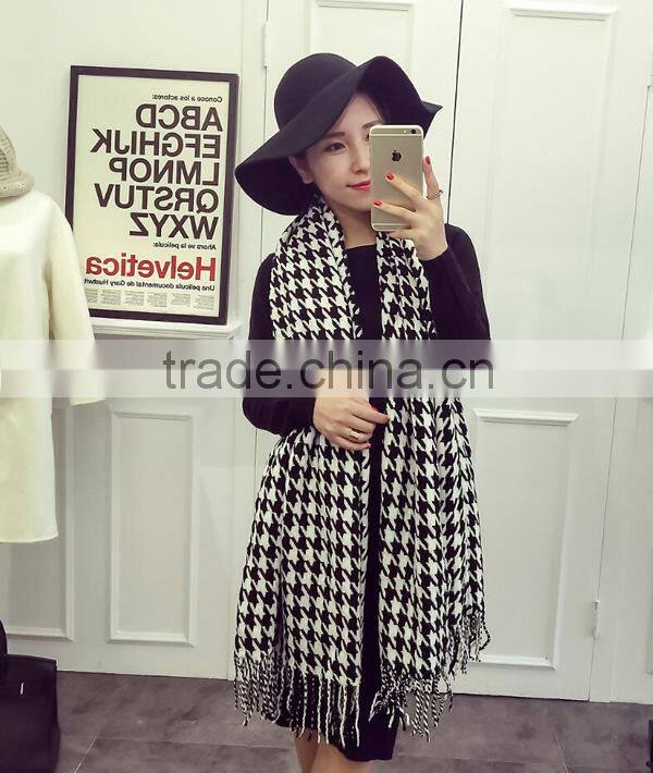 Za Fringed Tassel Houndstooth Jacquard Woven Cashmere Feel Acrylic Scarf