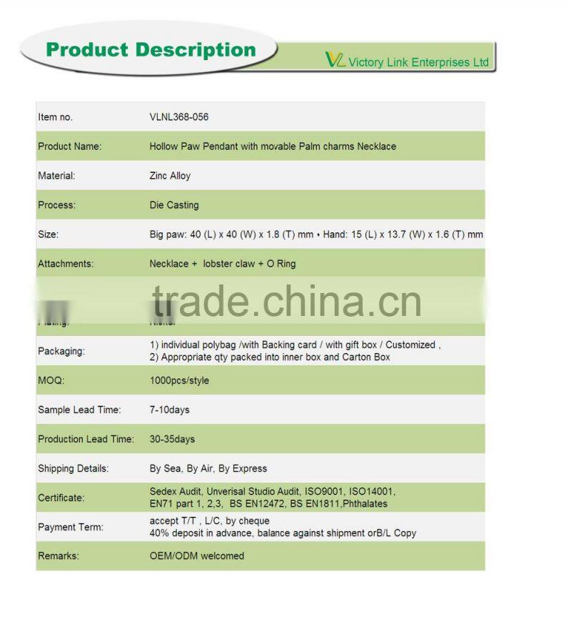 Hollow Paw Pendant with Movable Palm Charm Necklace