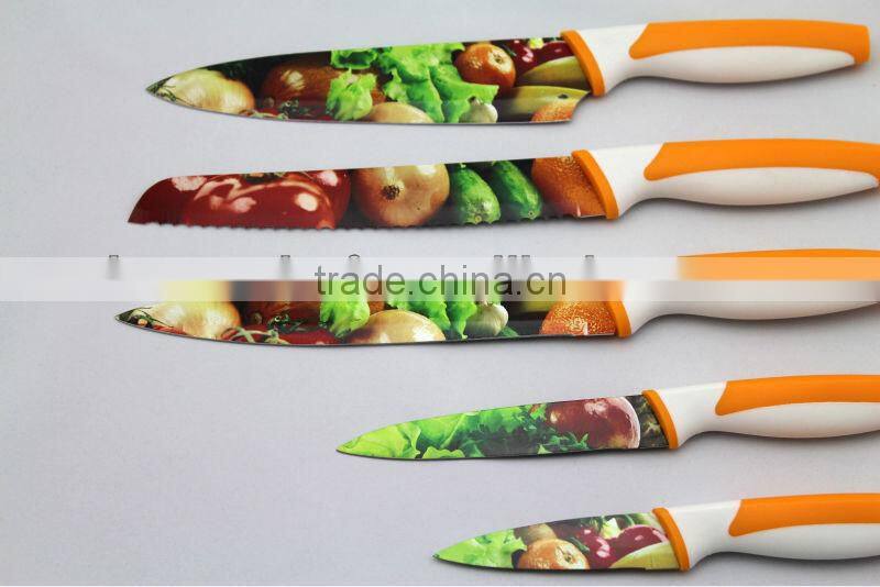 yangjiang Vegetable Pattern Non-stick Coating steel kitchen knives Set
