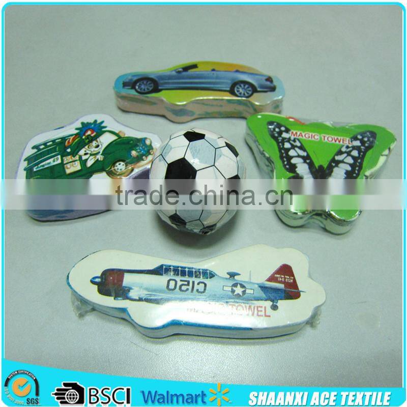 Full color printed compressed beach towel with print card,high quality round maigc beach towel