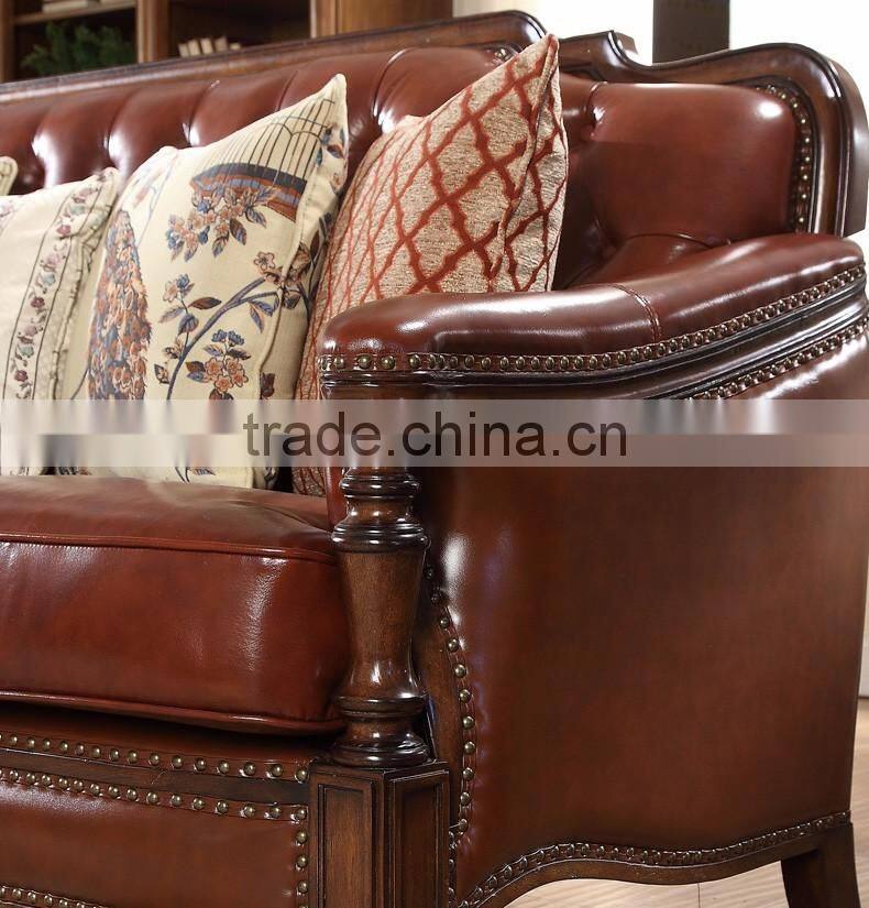 American classic concise solid wood hand carved living room furniture genuine leather 1+2+3 sofa set