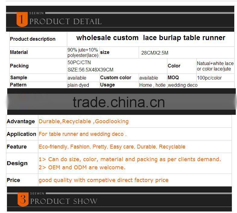 burlap table runne of wedding with sewed edge