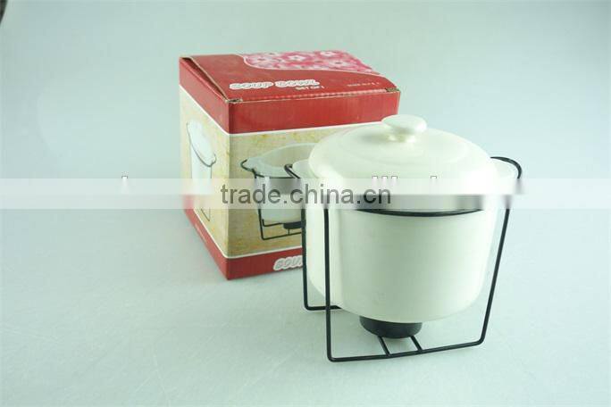 mini ceramic soup tureen with iron stand and color box in stock