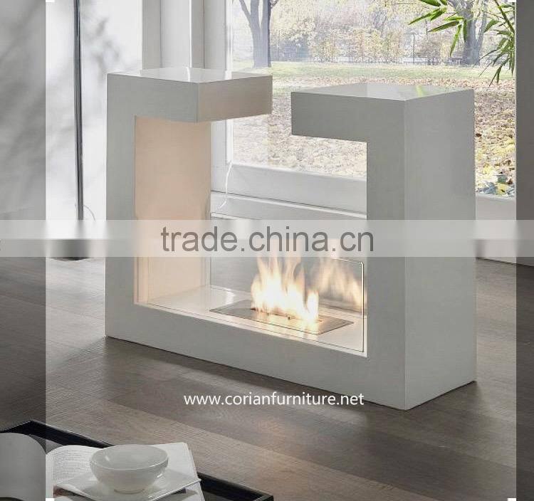 Custom sized corian made indoor fireplace