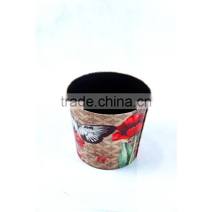 Household Butterfly And Flower Print Waste Bin Faux Leather Trash Can