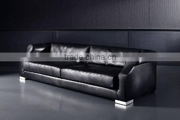 JR045 Luxury living furniture Italy black genuine cow leather stainless steel feet sofa set 1+2+3