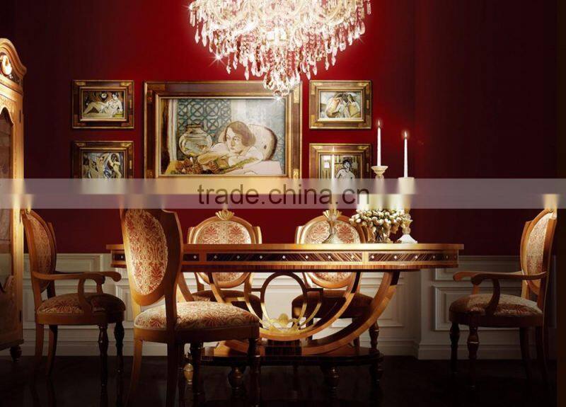 Royal Luxurious French Baroque Wood Carving Round Dining Table with Floral Marquetry Inlay Table Top BF12-03284c