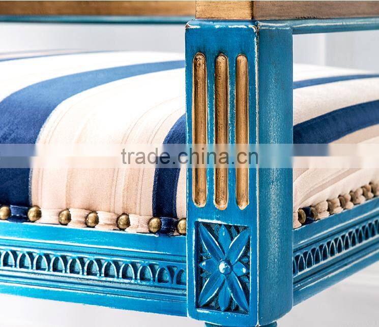 Antique Handmade Solid Wood Square Back Carving Armchair Painted in Vintage Blue and with Striped Fabric BF12-03294b