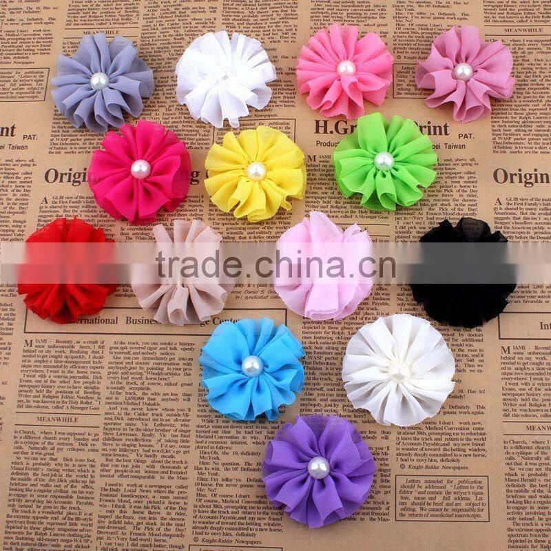 handmade chiffon flower with pearl beads center for kids hair accessories for baby girl