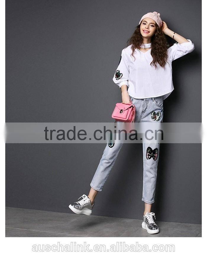 hot sale new model female jeans fashion design chic jeans for lady