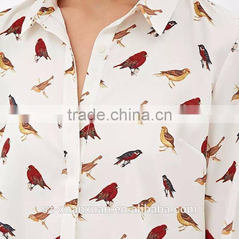 2016 Plain white casual long sleeve with animal printing shirt for girls