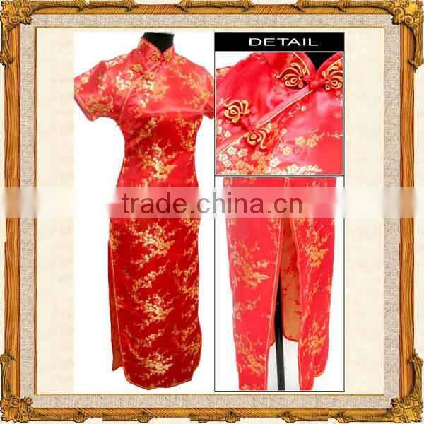 Long length dark blue chinese style silk cheongsam dress