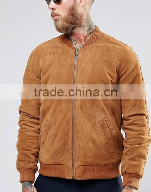 Mgoo Brown Suede Bomber Jacket Customize Embroidery Slim Fitness Zip Up Men's Leather Coats With Side Pocket
