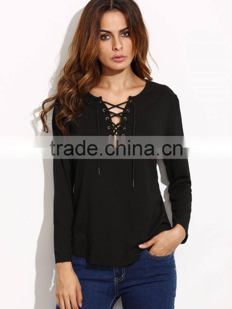 Hot seller V neck rounded hem t shirt fashion lace up women t shirt wholesale China
